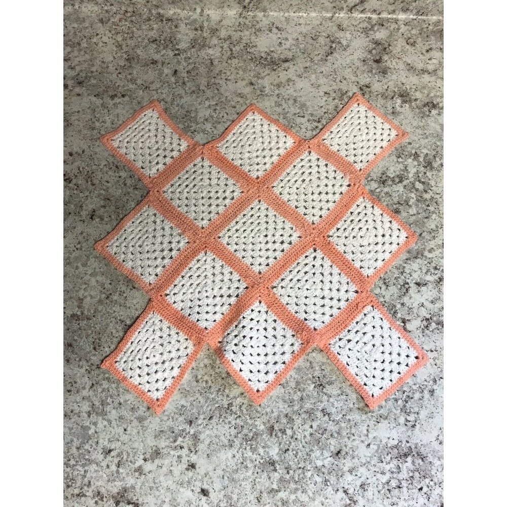 VTG Ivory & Peach Crocheted Rectangular Handmade Doily Artistic Design 16”x13”